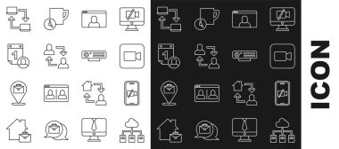 Çevrimiçi çevrimiçi çalışıyor, video kamera kapalı, kamera kapalı, sohbet konferansı, Proje ekibi üssü, Zaman yönetimi ve Web simgesi. Vektör