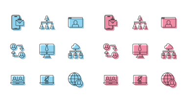 Görüntülü sohbet konferansı, Dilsiz mikrofon dizüstü, Freelancer, Çevrimiçi çalışma, Proje ekibi üssü ve Hiyerarşi organizogram grafik simgesi ayarla. Vektör