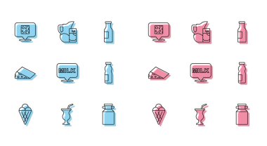 Kremalı dondurma, milkshake, peynir, konserve kutusu, süt, mektup, yoğurt şişesi, sürahi ve cam ikon. Vektör
