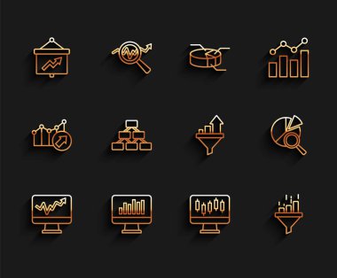 Grafik çizelgesi, tahta, borsa büyüme grafikleri, satış hunisi, hiyerarşi organogramı, arama veri analizi ve simgesi ile çizgi monitörünü ayarla. Vektör