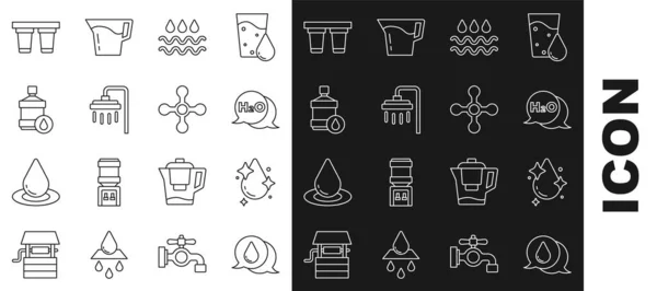 Set line Water drop, Chemical formula for H2O, Wave with water, Shower, Big bottle clean, filter and tap icon. Vector — Stock vektor