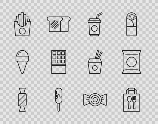 Set line Candy, Online ordering delivery, Paper glass with straw, Ice cream, Potatoes french fries box, Chocolate bar, and Bag packet potato chips icon. Vector — 图库矢量图片