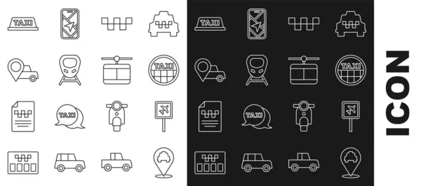 Definir linha Localização com táxi, Aeroporto, Táxi telhado do carro, Trem de alta velocidade, e ícone de cabo. Vetor —  Vetores de Stock