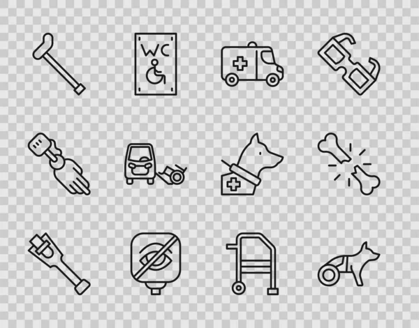 Set line Prosthesis leg, Dog in wheelchair, Emergency car, Blindness, Walking stick cane, Disabled, Walker and Human broken bone icon. Vector — Stock Vector