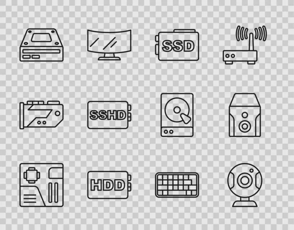 HDD, Optik Disk, SSHD, Klavye ve Kesintisiz Güç arzı simgesi satırı, Motherboard dijital çipi, Web kamerası, SSD kartı, Sabit disk sürücüsü HDD. Vektör — Stok Vektör