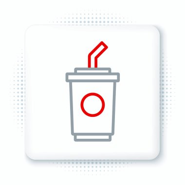 Beyaz zemin üzerinde saman ve su ikonu olan çizgi kağıt bardak. Soda bardağı. Taze soğuk içecek sembolü. Renkli taslak konsepti. Vektör