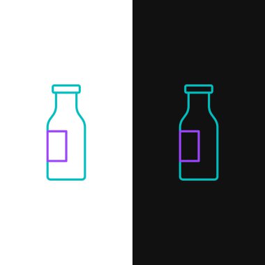 Beyaz ve siyah arka planda izole edilmiş süt ikonlu çizgi kaplı cam şişe. Renkli taslak konsepti. Vektör