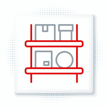 Beyaz arka planda izole edilmiş, raflardaki kutularla dolu bir çizgi deposu. Lojistik, kargo, paket depolama posta servisi. Renkli taslak konsepti. Vektör