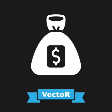 Beyaz Para Çantası simgesi siyah arkaplanda izole edildi. Dolar ya da USD sembolü. Nakit bankacılık tabelası. Vektör.