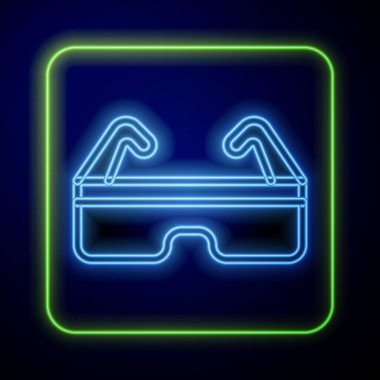 Parlayan neon gözlük gözlüğü ikonu mavi arkaplanda izole edildi. Vektör.
