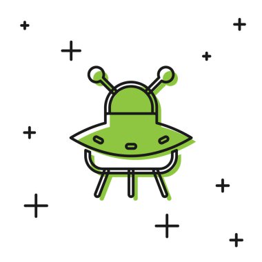 Siyah UFO uçan uzay gemisi simgesi beyaz arkaplanda izole edildi. Uçan daire. Uzaylı uzay gemisi. Gelecekteki bilinmeyen uçan nesne. Vektör.