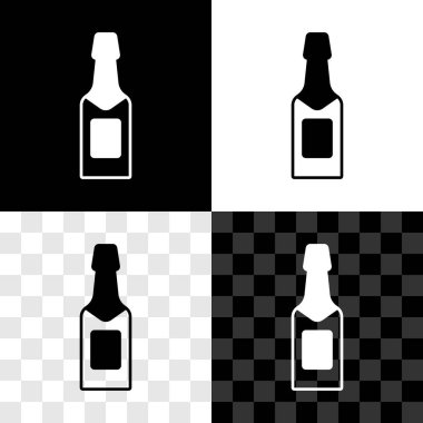 Şampanya şişesi simgesini siyah beyaz, şeffaf arkaplanda izole et. Vektör.