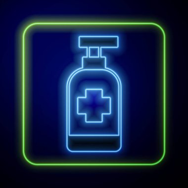 Parlayan neon lambalı antibakteriyel sabun ve mavi arka planda izole edilmiş şeker ikonu. Antiseptik. Dezenfeksiyon, hijyen, cilt bakımı. Vektör