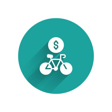Uzun gölgeli beyaz bisiklet kiralama mobil uygulama simgesi izole edildi. Şehirde bisiklet kiralamak için iyi bir servis. Paylaşım sistemi için mobil uygulama. Yeşil daire düğmesi. Vektör