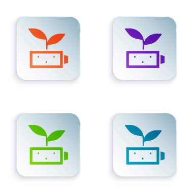 Beyaz arkaplanda izole edilmiş renk eko doğa yaprağı ve pil ikonu. Enerji, ekoloji tasarruf kavramına dayanır. Kare düğmelere renkli simgeleri yerleştir. Vektör