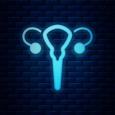 Parlayan neon kadın üreme sistemi simgesi tuğla duvar arkasında izole edildi. Anatomi. Jinekoloji. Kadın sağlığı. Vektör