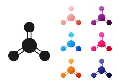 Beyaz arkaplanda siyah molekül simgesi izole edildi. Kimya moleküllerinin yapısı, fen öğretmenlerinin yenilikçi eğitim posteri. Simgeleri renklendirin. Vektör