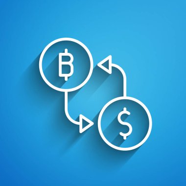 Mavi arka planda beyaz çizgi kripto döviz simgesi izole edildi. Bitcoin 'den dolar takas simgesine. Kripto para teknolojisi, mobil bankacılık. Uzun gölge. Vektör.
