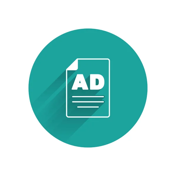 長い影で隔離された白い広告のアイコン マーケティングとプロモーションプロセスの概念 反応の良い広告 ソーシャルメディア広告 緑色の丸ボタン ベクトル — ストックベクタ