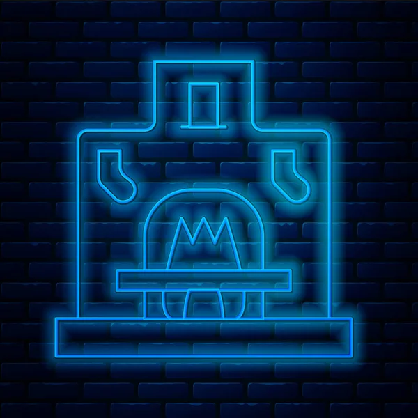 Parlayan neon hattı. Duvarın arkasında izole edilmiş şömine ikonu. Vektör.