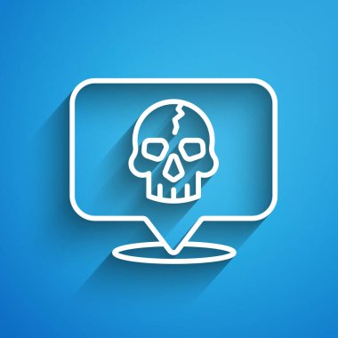 Beyaz çizgi Skull simgesi mavi arkaplanda izole edildi. Kaptan Korsan. Mutlu Cadılar Bayramı Partisi. Uzun gölge. Vektör