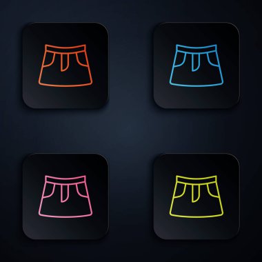 Renkli neon çizgisi etek simgesi siyah arkaplanda izole edildi. Kare düğmelere simgeleri yerleştir. Vektör