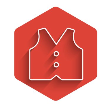 Beyaz çizgili yelek ikonu uzun gölge arkaplanlı izole edilmiş. Klasik yelek. Erkekler için resmi kıyafet. Kırmızı altıgen düğmesi. Vektör