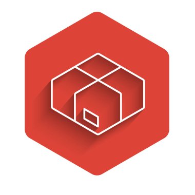 Beyaz çizgi karton kutu simgesi uzun gölge arkaplan izole. Kutu, paket, paket işareti. Teslimat ve ambalaj. Kırmızı altıgen düğmesi. Vektör