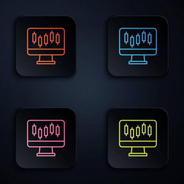 Borsa büyüme grafikleri ve kara fon üzerinde izole edilmiş para ikonu içeren renkli neon hattı bilgisayarı. Ekranda ok grafikleri olan bir monitör. Kare düğmelere simgeleri yerleştir. Vektör