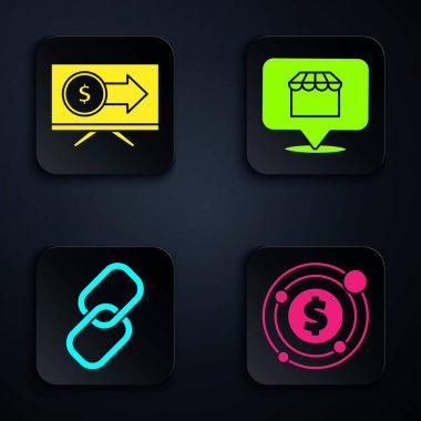 Hedefi dolar sembolüyle, Monitor 'u dolarla, zincir bağlantısıyla ve online alışveriş konseptiyle ayarla. Siyah kare düğme. Vektör.