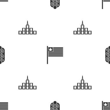 Hotdog sandviçi, Amerikan bayrağı ve şehir manzarasını kusursuz şekillerde ayarla. Vektör