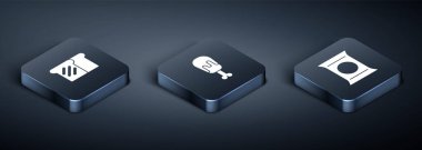 Isometric Ekmek tostu, Poşet veya patates cipsi ve tavuk budu ikonu hazırla. Vektör