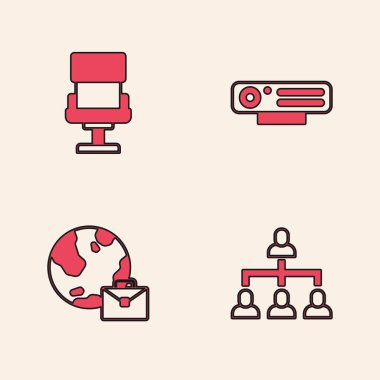 Hiyerarşi organogram şeması, ofis koltuğu, web kamerası ve çevrimiçi çalışma simgesini ayarla. Vektör