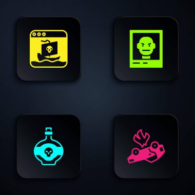 Yanan araba, internet korsanlığı, zehirli şişe ve aranıyor posteri. Siyah kare düğme. Vektör