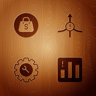 Pasta grafiği bilgisini hazırla, Satış çantası, İngiliz anahtarı, teçhizat ve okları ahşap zemine yerleştir. Vektör