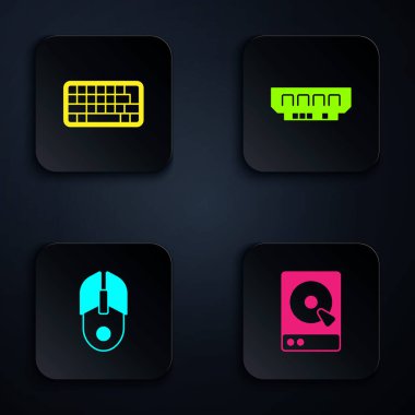 Sabit disk sürücüsü HDD, Klavye, Bilgisayar faresi ve RAM, rastgele erişim belleği ayarla. Siyah kare düğme. Vektör