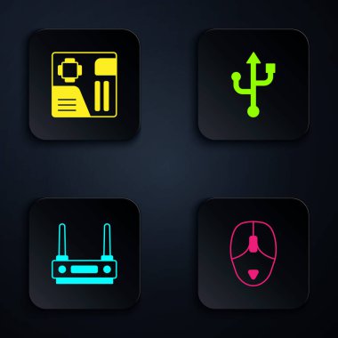 Bilgisayar faresi, anakart dijital çip, Router ve wi-fi sinyali ve USB ayarla. Siyah kare düğme. Vektör