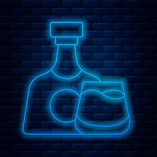 Glödande Neon Linje Whiskey Flaska Och Glas Ikon Isolerad Tegel — Stock vektor