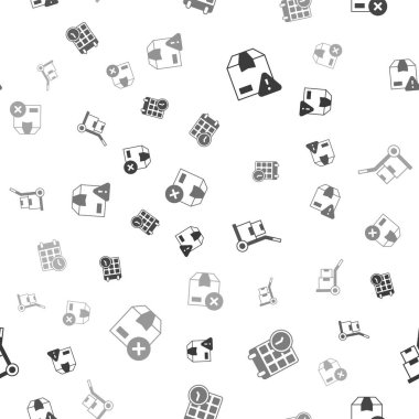 Teslimat güvenliğini kalkan, karton kutu takvimi, el arabası, kutular ve karton kartonla kusursuz bir şablona ayarlayın. Vektör