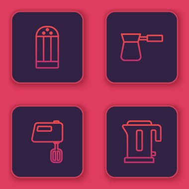 Tuz hattı, elektirik karıştırıcı, Türk kahvesi ve çaydanlık. Mavi kare düğme. Vektör.