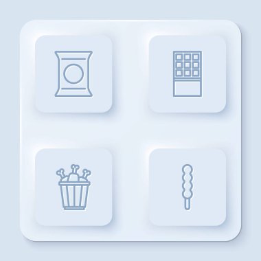 Bag veya paket patates cipsi, çikolatalı çikolata, paket kutusunda tavuk budu ve lolipop. Beyaz kare düğme. Vektör