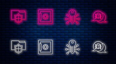 Satır Güvenli, Akıllı anahtar, Belge dizin koruması ve Sistem hatasını ayarla. Tuğla duvarda parlayan neon simgesi. Vektör