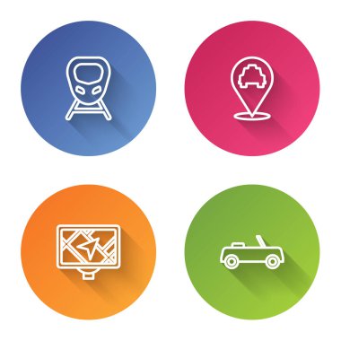 Hat yüksek hızlı tren, taksi, GPS haritası ve arabası olan bir yer ayarla. Renkli daire düğmesi. Vektör