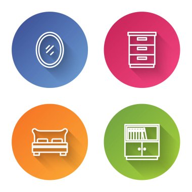 Ayna, mobilya sehpası, büyük yatak ve kütüphane kitaplığı. Renkli daire düğmesi. Vektör