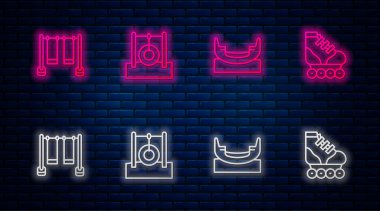 İpte sallanan araba lastiği, salıncakta sallanan tekne, çift ve paten. Tuğla duvarda parlayan neon simgesi. Vektör