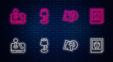 Satır lambası, vinil disk, Joystick ve fotoğraf ayarla. Tuğla duvarda parlayan neon simgesi. Vektör