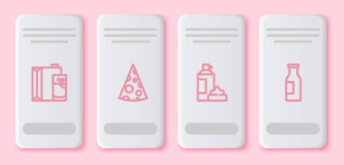 Süt, peynir, krem şanti ve şişe için kağıt paketi hazırla. Beyaz dikdörtgen düğme. Vektör