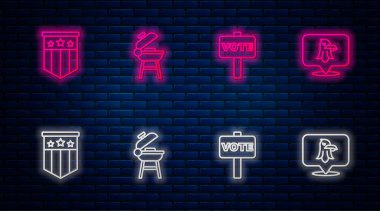 Barbekü ızgarası, oy hakkı, Amerikan bayrağı ve Kartal. Tuğla duvarda parlayan neon simgesi. Vektör