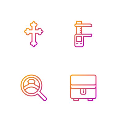 Mücevher kutusu, elmas nişan yüzüğü, Hıristiyan haçı ve Calliper ya da kalibre ve ölçek. Renk simgeleri. Vektör