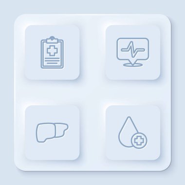 Hasta rekoru, kalp atışı, organ nakli ve kan bağışlama. Beyaz kare düğme. Vektör